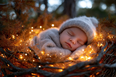 A serene moment of a sleeping baby curled up in a soft blanket with twinkling lights in nature.の写真素材