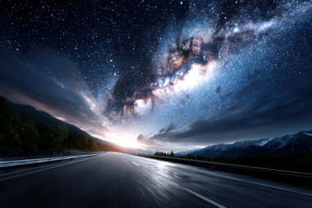Starlit night sky illuminates an isolated mountain road as the sun begins to rise.の写真素材