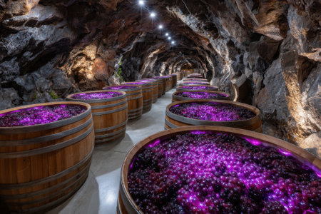 Barrels filled with vibrant contents illuminate a cozy underground winery, showcasing unique resources.の写真素材