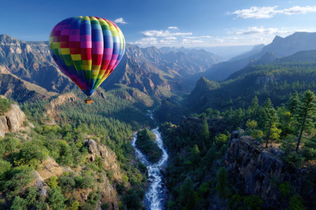 A vibrant hot air balloon floats above a canyon, revealing stunning rock formations and a flowing river below.の写真素材