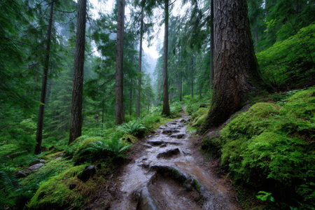 A winding trail leads through dense green vegetation and towering trees in a tranquil forest setting.の写真素材