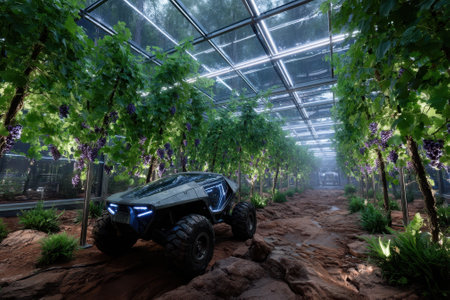 A sleek, modern vehicle stands on rocky terrain surrounded by vibrant grapevines in a glass greenhouse.の写真素材