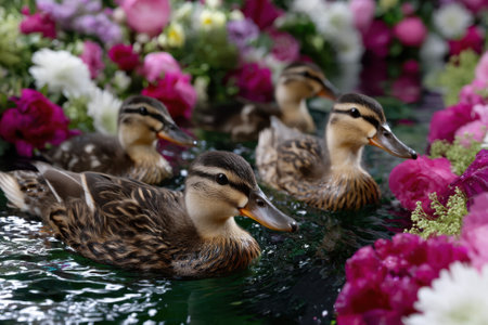 A group of ducks glides peacefully through a pond filled with colorful flowers under bright daylight.の写真素材