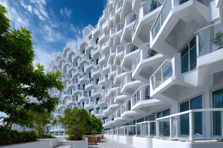 The striking white building features hexagonal balconies, surrounded by greenery under a clear blue sky.の写真素材