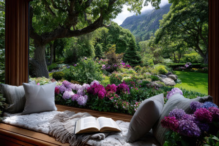A cozy reading nook with pillows and a book offers a view of colorful blooming flowers and lush greenery.の写真素材