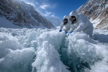 Scientists in gear collect samples from a vast ice field under a bright blue sky for research.の写真素材