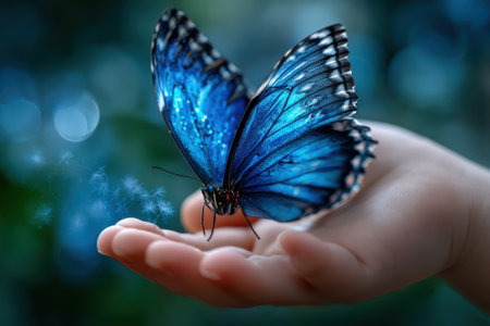 A young child gently holds a vibrant blue butterfly, showing a moment of wonder in a lush garden.の写真素材
