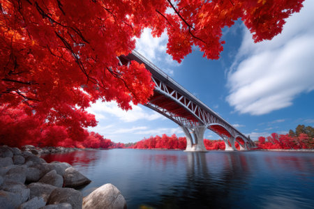 Vibrant red foliage frames a bridge over calm waters, with fluffy clouds above on a clear day.の写真素材