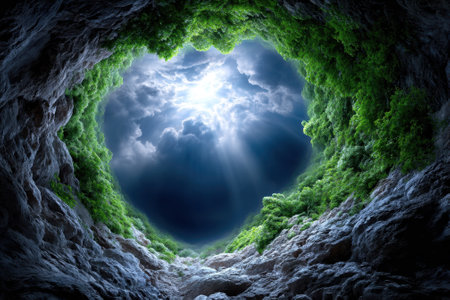 Sunlight streams into a cave from above, illuminating the rich foliage and rocky walls below.の写真素材