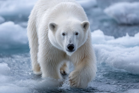 A polar bear is seen cautiously walking through melting ice in the Arctic waters.の写真素材