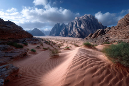 Vast sand dunes stretch across the desert, framed by jagged rock formations and a bright blue sky.の写真素材