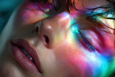 Soft light creates colorful reflections on a person's serene face, revealing different shades and textures.の写真素材