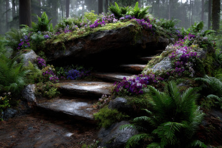 Colorful flowers bloom atop mossy rocks within a tranquil forest setting, creating a magical and serene environment.の写真素材