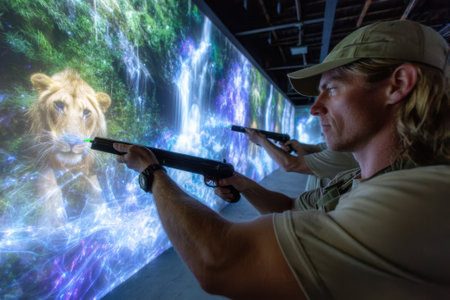 Participants engage in an immersive wildlife experience, aiming at a projected lion in a modern exhibition space.の写真素材