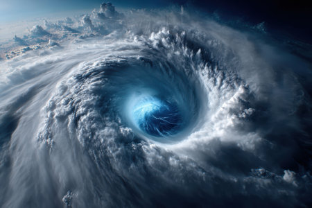 Majestic view of swirling clouds and intense vortex of a hurricane from a high altitude perspective.の写真素材
