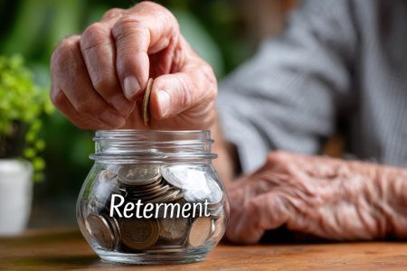 An elderly person places coins into a glass jar marked for retirement savings at home, reflecting financial planning.の写真素材