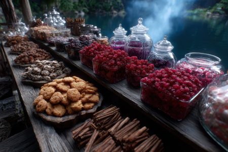 A variety of colorful treats and spices are arranged on a rustic table by a tranquil waterbody at dawn.の写真素材