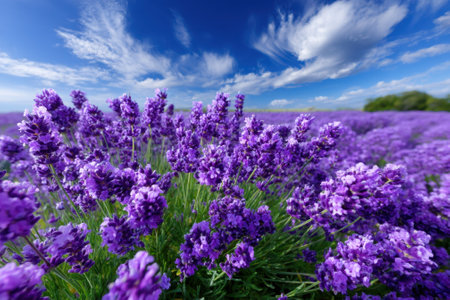 A field of lavender showcases vibrant purple flowers swaying gently in the breeze beneath a clear blue sky.の写真素材