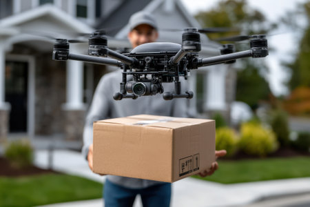 A drone hovers above a person holding a cardboard box in a residential area on a sunny day.の写真素材
