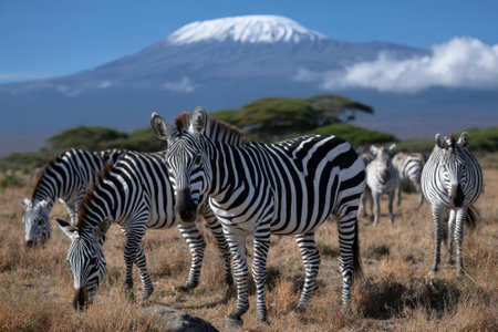 A group of zebras stands in the savannah, enjoying the grass while Mount Kilimanjaro rises majestically behind them.の写真素材