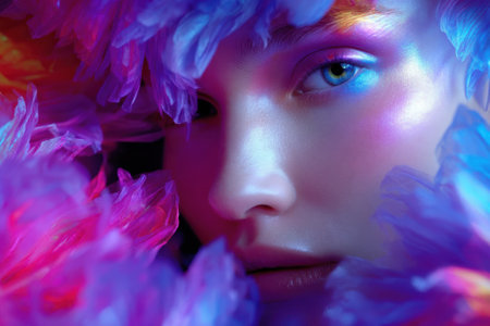 A captivating model's face emerges from a bed of vivid flowers, showing colorful makeup and striking features.の写真素材