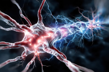 An intricate neuron with glowing synapses is illuminated against a dark background, showing electrical activity.の写真素材