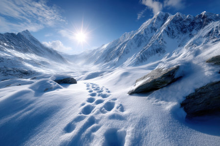 Fresh footprints lead through the untouched snow in a stunning mountain valley at dawn.の写真素材