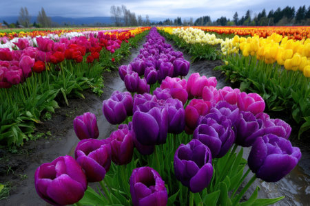 Fields filled with colorful tulips in various shades stretch out under a cloudy sky during spring.の写真素材