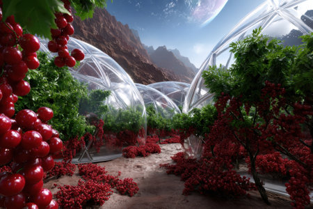 Red grape vines flourish within a modern greenhouse surrounded by a rocky terrain and two planets above.の写真素材