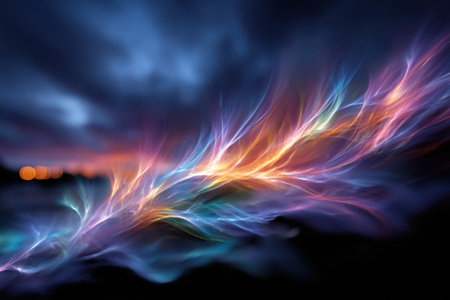 Bright light trails dance against a dark, cloudy sky during twilight, capturing the beauty of the evening.の写真素材