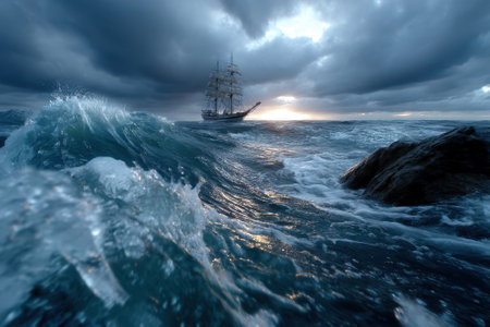 A grand sailing ship sails through large waves under dramatic clouds at sunset, showing nature's power.の写真素材