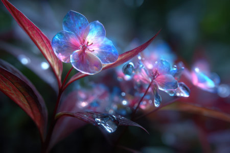 Delicate flowers shimmer with colorful hues and droplets in a tranquil garden lit by soft morning light.の写真素材
