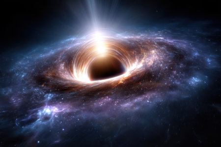 An immense black hole emits light as it draws surrounding cosmic dust and gas into its gravitational field.の写真素材