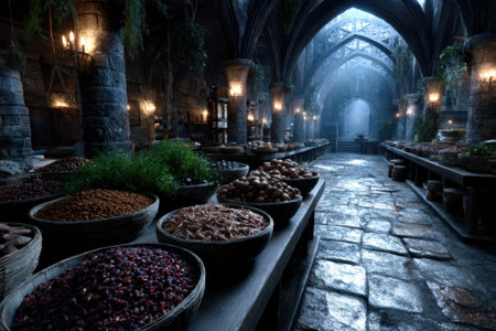 Herbs, spices, and fruits are beautifully arranged in baskets within a dimly lit stone chamber.の写真素材