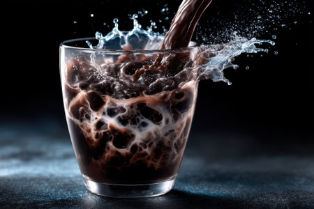 A rich chocolate beverage splashes dramatically in a clear glass, showing dynamic liquid motion.の写真素材