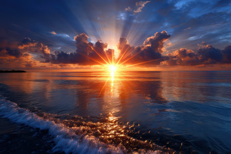Bright orange and pink rays stretch across the sky as the sun sets over tranquil waters reflecting the colors.の写真素材