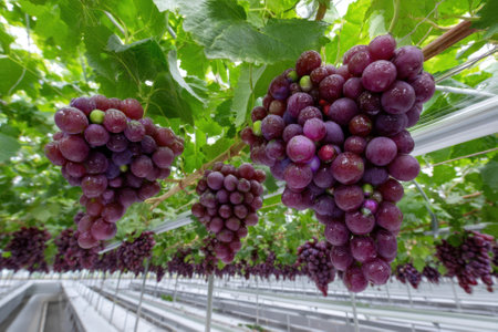 Lush green vines support clusters of ripe purple grapes ready for harvest inside a well-lit greenhouse.の写真素材