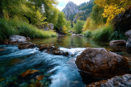 Crystal-clear waters of a river cascade over rocks, surrounded by lush autumn foliage and mountains.の写真素材