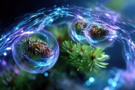 Bubbles float above vibrant green moss, glowing with blue and purple energy in a tranquil setting.の写真素材