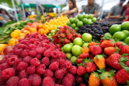 Customers enjoy a vibrant farmer's market brimming with colorful fresh fruits like strawberries and raspberries.の写真素材