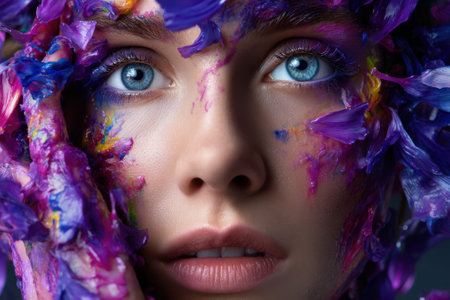 A woman with striking blue eyes is surrounded by vivid flower petals, creating a captivating art piece.の写真素材