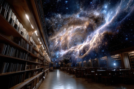 A library with softly lit bookshelves beneath a cosmic mural of galaxies and stars adorns the ceiling.の写真素材