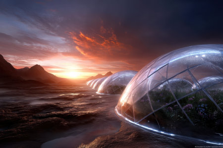 Large domes showcase vibrant plants as the sunset casts a tranquil glow over the mountains.の写真素材