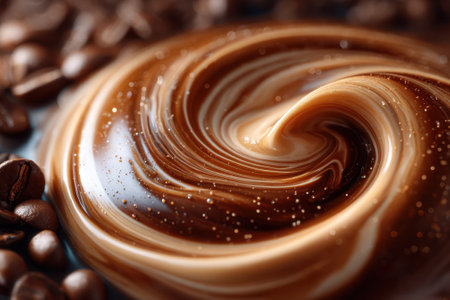 Rich caramel sauce swirls elegantly amidst roasted coffee beans, creating a warm and inviting texture.の写真素材