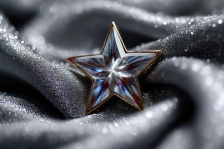A beautiful star-shaped ornament shines on luxurious, soft fabric with a sparkling effect in low light.の写真素材