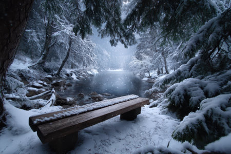 A wooden bench sits by a calm river surrounded by snow-covered trees during a gentle snowfall in winter.の写真素材