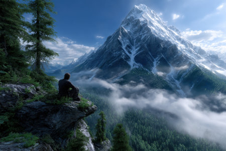 A person sits on a rocky ledge, gazing at a towering snow-capped mountain under a bright blue sky.の写真素材