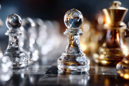 Close-up view of a translucent pawn surrounded by ornate chess pieces on a reflective board, emphasizing strategy.の写真素材