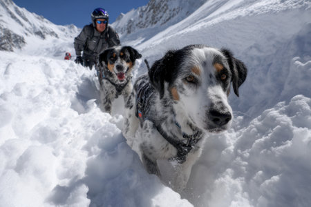 Two dogs walk cautiously through deep snow while a skier moves in the background on a sunny winter day.の写真素材