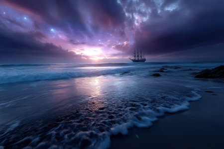A stunning tall ship approaches the horizon as vibrant colors fill the sky at sunset, creating a serene atmosphere.の写真素材